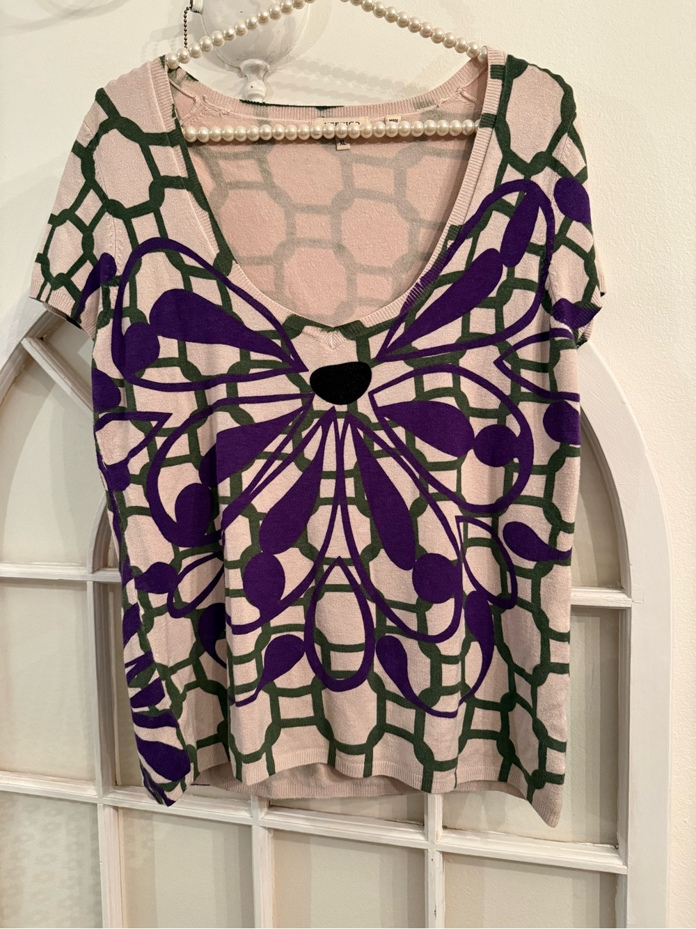 VERTIGO PARIS V-Neck Short Sleeve Knit Top Butterfly Floral Graphic Y2K  XL